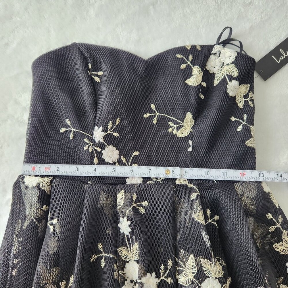 Lulus How Sweet Black Embroidered Strapless Mesh Tiered Mini Dress Small NWT - Picture 13 of 16